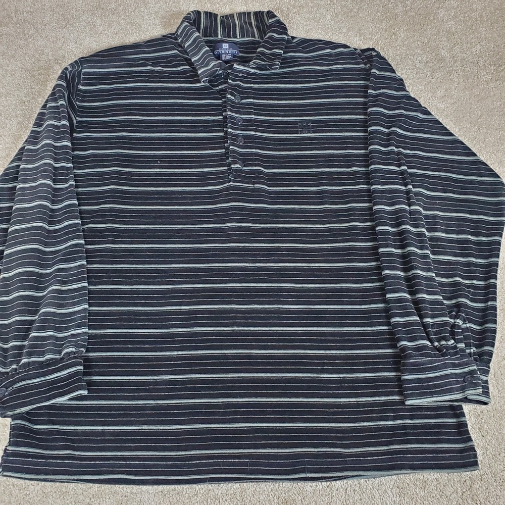 Givenchy Activewear Men's Velour‎ Polo Shirt Black Stripe Long Sleeve SZ XL